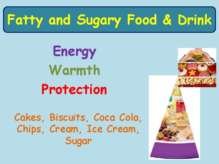 Fatty and Sugary Food & Drink Energy Warmth Protection Cakes, Biscuits, Coca Cola, Chips,