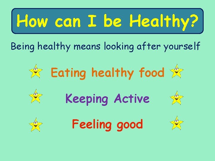 Howcan II be be healthy? How Healthy? Being healthy means looking after yourself Eating