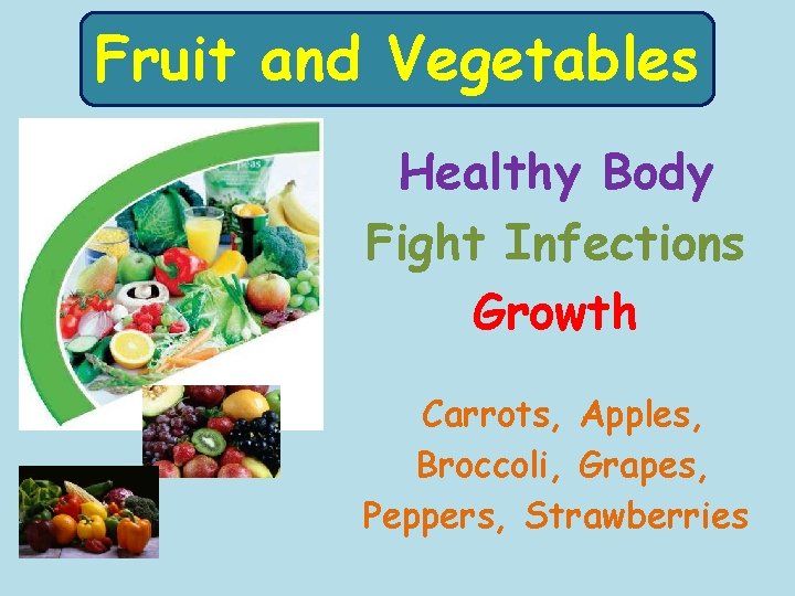 Fruitand Vegetables Healthy Body Fight Infections Growth Carrots, Apples, Broccoli, Grapes, Peppers, Strawberries 