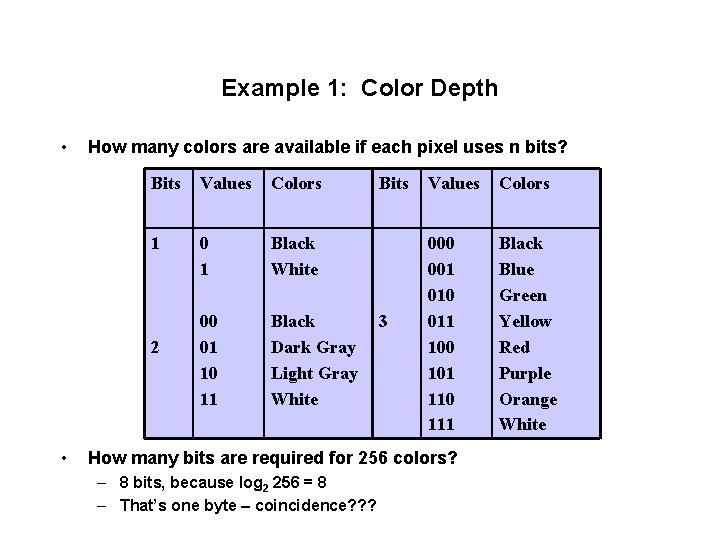 Example 1: Color Depth • How many colors are available if each pixel uses