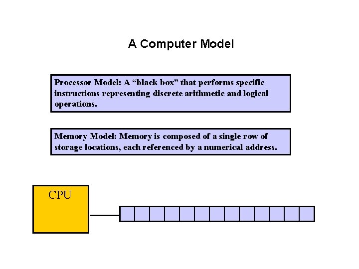 A Computer Model Processor Model: A “black box” that performs specific instructions representing discrete