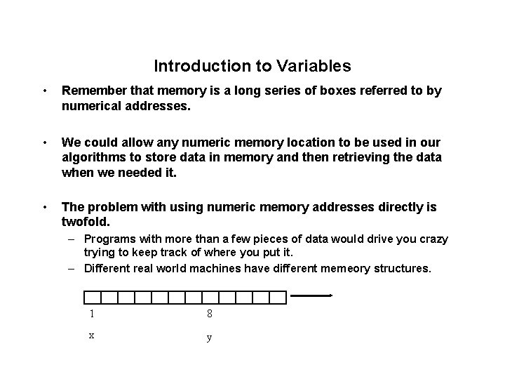 Introduction to Variables • Remember that memory is a long series of boxes referred