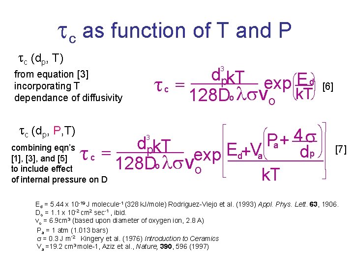 tc as function of T and P from equation [3] incorporating T dependance of