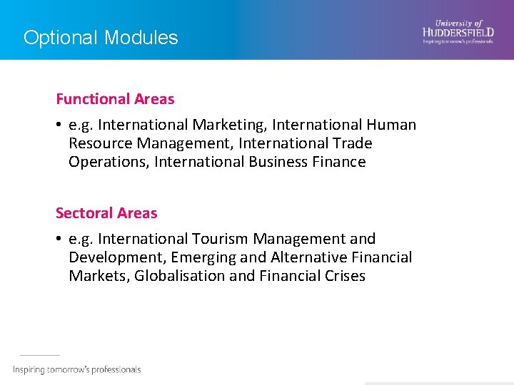 Optional Modules Functional Areas • e. g. International Marketing, International Human Resource Management, International