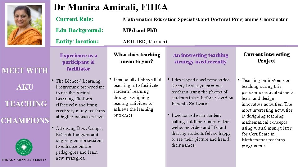 Dr Munira Amirali, FHEA • TEACHING CHAMPIONS Mathematics Education Specialist and Doctoral Programme Coordinator