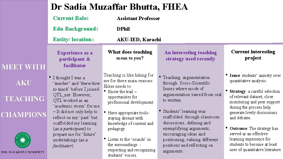 Dr Sadia Muzaffar Bhutta, FHEA TEACHING CHAMPIONS Assistant Professor Edu Background: DPhil Entity/ location: