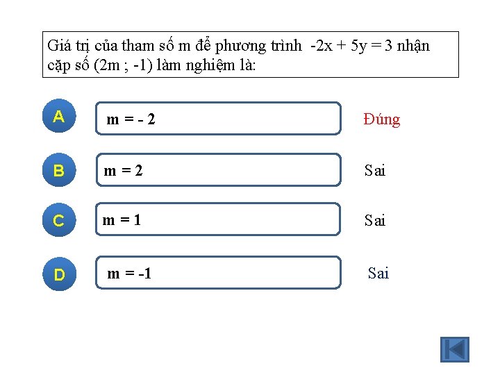 Giá trị của tham số m để phương trình -2 x + 5 y