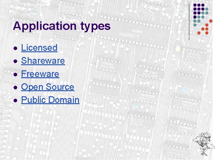 Application types l l l Licensed Shareware Freeware Open Source Public Domain 