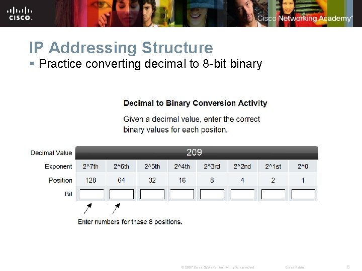 IP Addressing Structure § Practice converting decimal to 8 -bit binary © 2007 Cisco