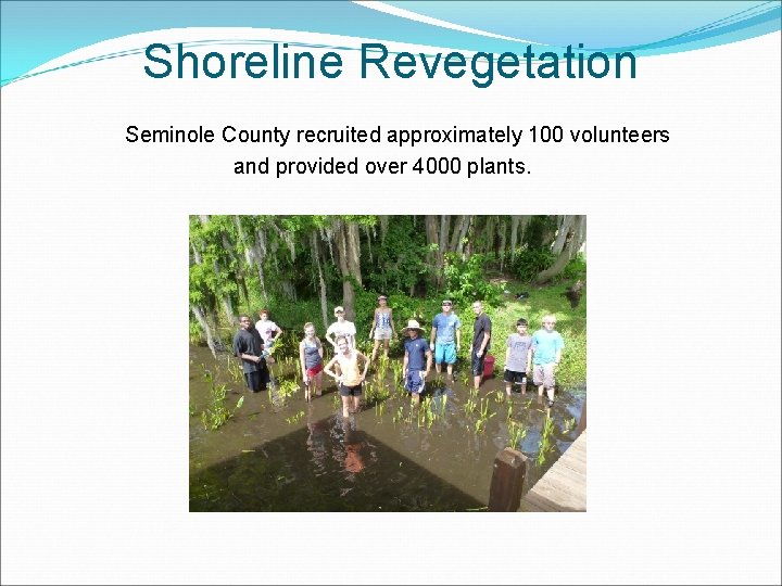 Shoreline Revegetation Seminole County recruited approximately 100 volunteers and provided over 4000 plants. 