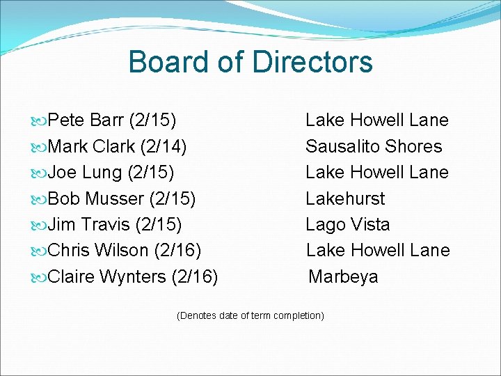 Board of Directors Pete Barr (2/15) Mark Clark (2/14) Joe Lung (2/15) Bob Musser