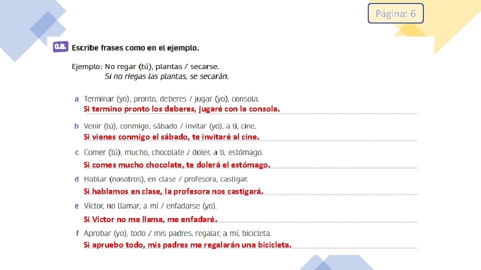 Página: 6 Si termino pronto los deberes, jugaré con la consola. Si vienes conmigo