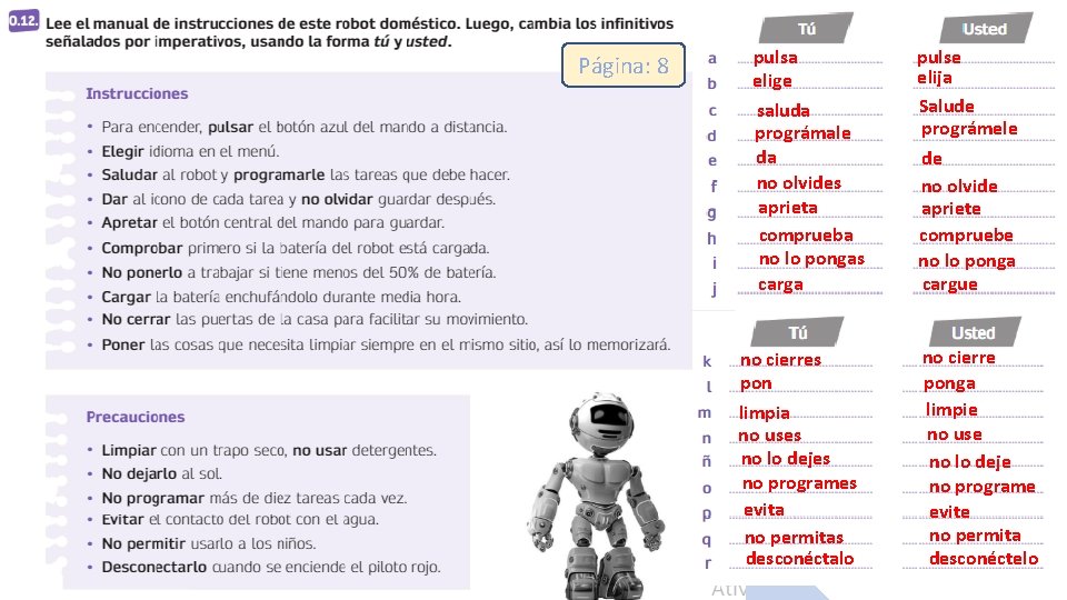 Página: 8 pulsa elige saluda prográmale da no olvides aprieta comprueba no lo pongas