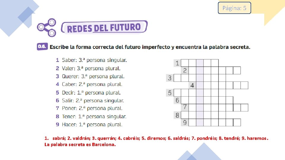 Página: 5 1. sabrá; 2. valdrán; 3. querrán; 4. cabréis; 5. diremos; 6. saldrás;