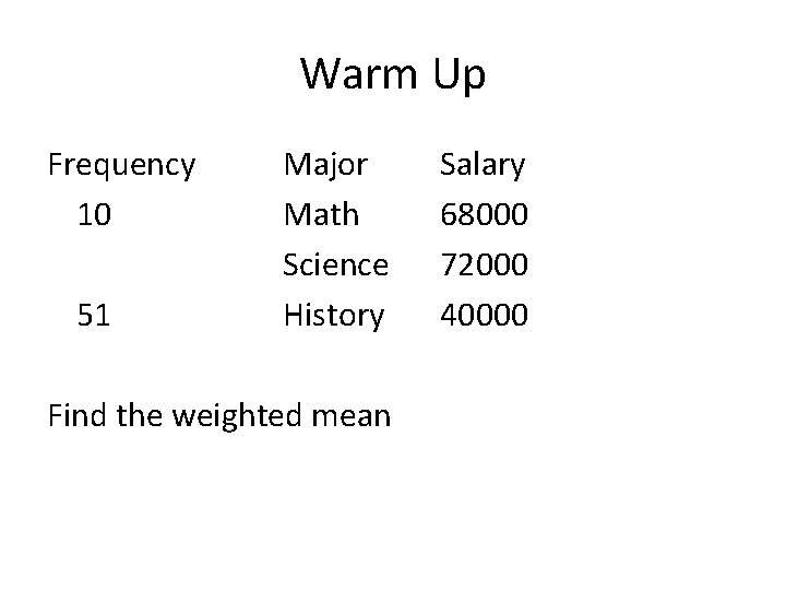 Warm Up Frequency 10 51 Major Math Science History Find the weighted mean Salary