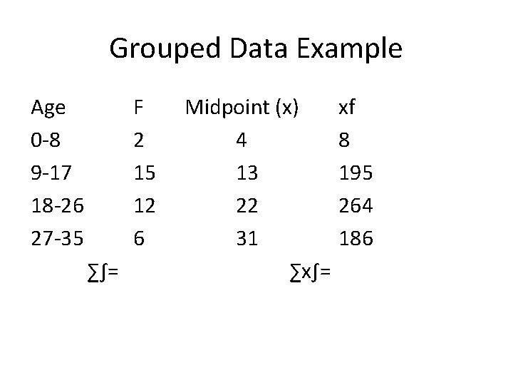 Grouped Data Example Age F Midpoint (x) 0 -8 2 4 9 -17 15