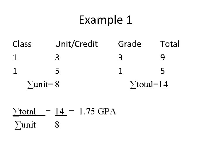 Example 1 Class Unit/Credit 1 3 1 5 ∑unit= 8 ∑total = 14 =