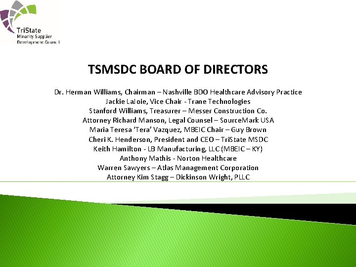 TSMSDC BOARD OF DIRECTORS Dr. Herman Williams, Chairman – Nashville BDO Healthcare Advisory Practice