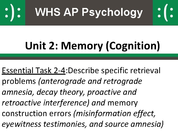 WHS AP Psychology Unit 2: Memory (Cognition) Essential Task 2 -4: Describe specific retrieval