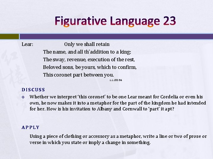 Figurative Language 23 Lear: Only we shall retain The name, and all th’addition to