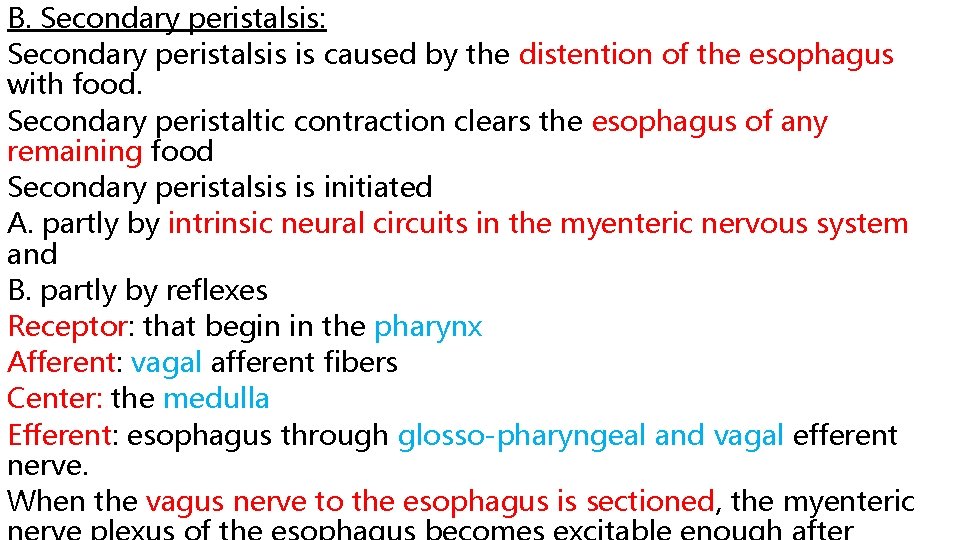 B. Secondary peristalsis: Secondary peristalsis is caused by the distention of the esophagus with