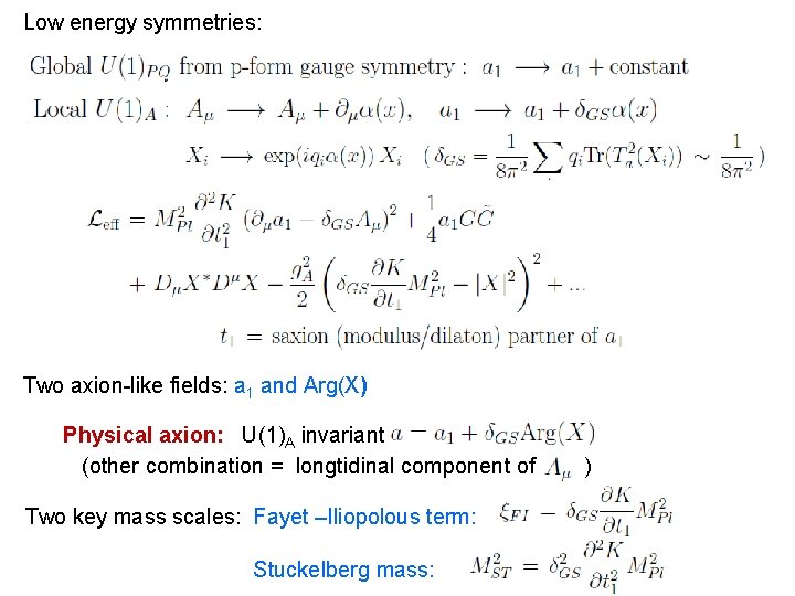 Low energy symmetries: Two axion-like fields: a 1 and Arg(X) Physical axion: U(1)A invariant