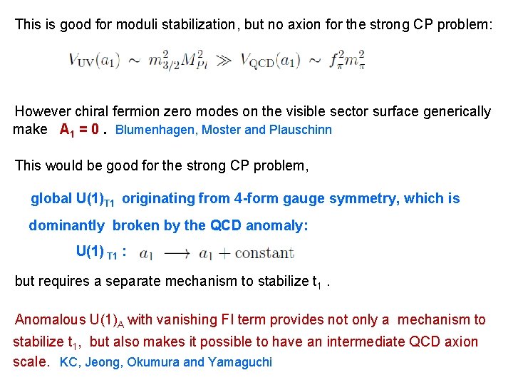 This is good for moduli stabilization, but no axion for the strong CP problem: