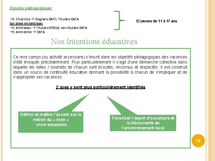 Equipe pédagogique: 1 Directrice Stagiaire BAFD, Titulaire BAFA Sur place en continue: 1 Animateur Equipe pédagogique: 1 Directrice Stagiaire BAFD, Titulaire BAFA Sur place en continue: 1 Animateur