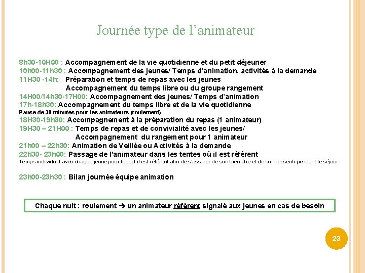 Journée type de l’animateur 8 h 30 -10 H 00 : Accompagnement de la Journée type de l’animateur 8 h 30 -10 H 00 : Accompagnement de la