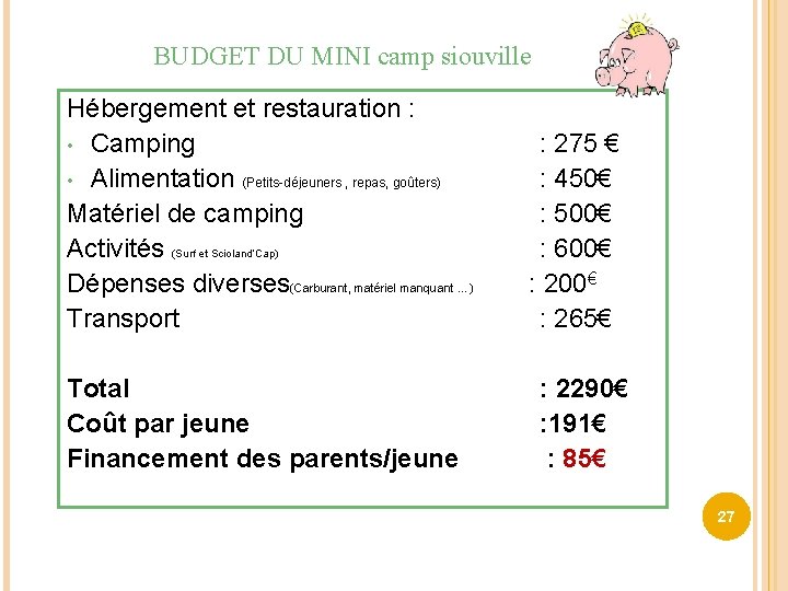 BUDGET DU MINI camp siouville Hébergement et restauration : • Camping : 275 € BUDGET DU MINI camp siouville Hébergement et restauration : • Camping : 275 €