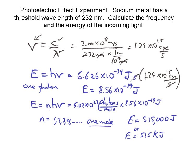 Photoelectric Effect Experiment: Sodium metal has a threshold wavelength of 232 nm. Calculate the