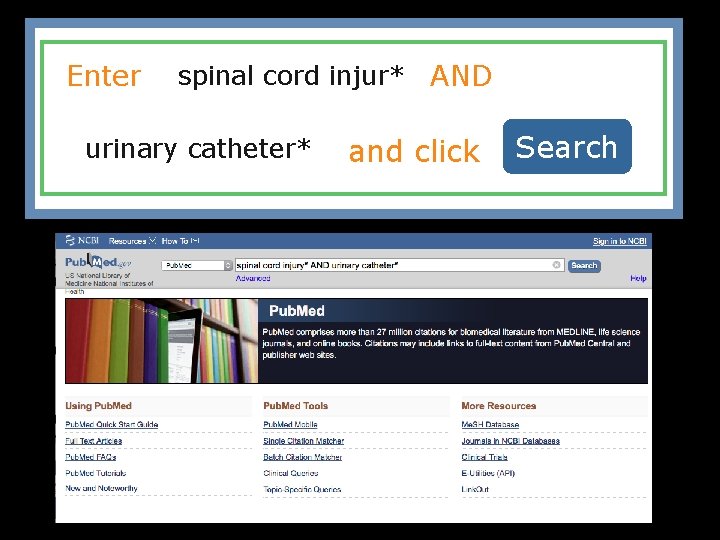 Enter a spinal cord injur* AND urinary catheter* and click Search 