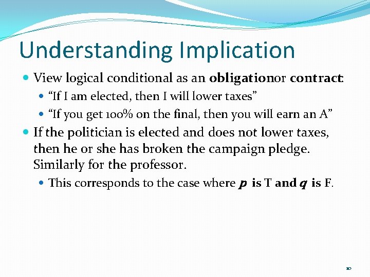 Understanding Implication View logical conditional as an obligationor contract: “If I am elected, then