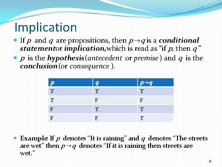 Implication If p and q are propositions, then p →q is a conditional statementor