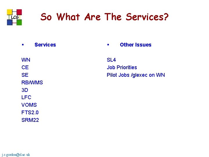 So What Are The Services? LCG § Services WN CE SE RB/WMS 3 D So What Are The Services? LCG § Services WN CE SE RB/WMS 3 D