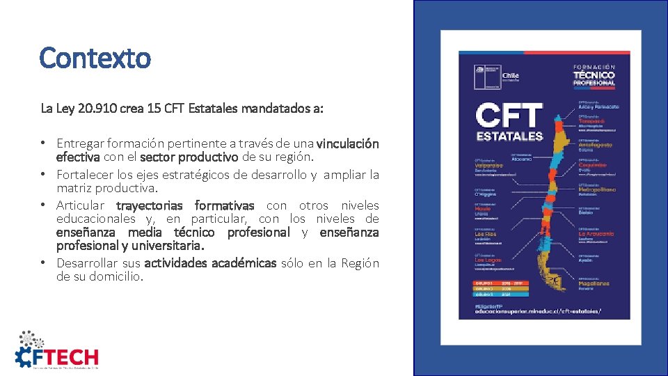 Contexto La Ley 20. 910 crea 15 CFT Estatales mandatados a: • Entregar formación