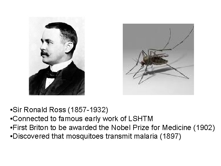 • Sir Ronald Ross (1857 -1932) • Connected to famous early work of • Sir Ronald Ross (1857 -1932) • Connected to famous early work of