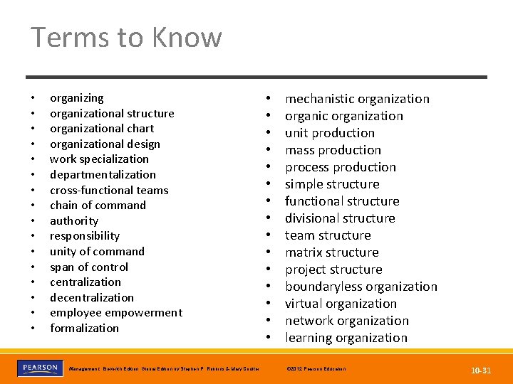 Terms to Know • • • • organizing organizational structure organizational chart organizational design