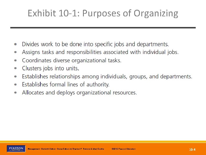 Exhibit 10 -1: Purposes of Organizing Copyright © 2012 Pearson Education, Inc. © 2012