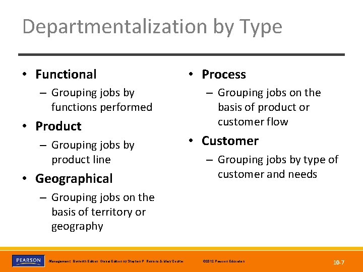 Departmentalization by Type • Functional • Process – Grouping jobs by functions performed •