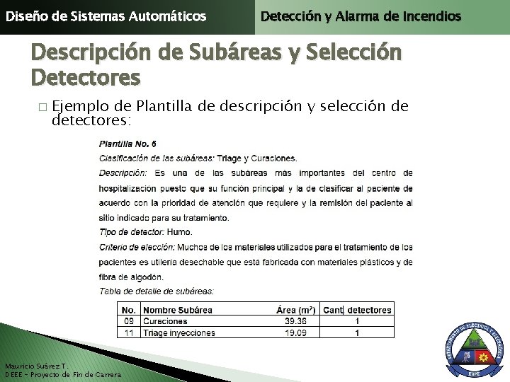 Diseño de Sistemas Automáticos Detección y Alarma de Incendios Descripción de Subáreas y Selección