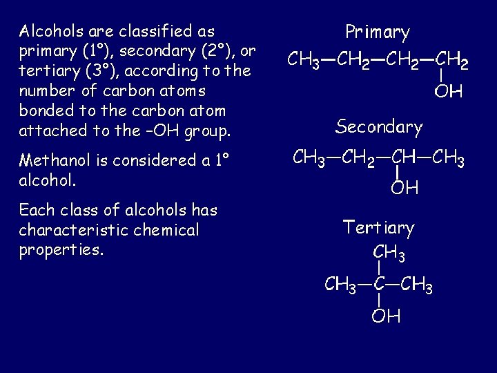 Alcohols are classified as primary (1°), secondary (2°), or tertiary (3°), according to the