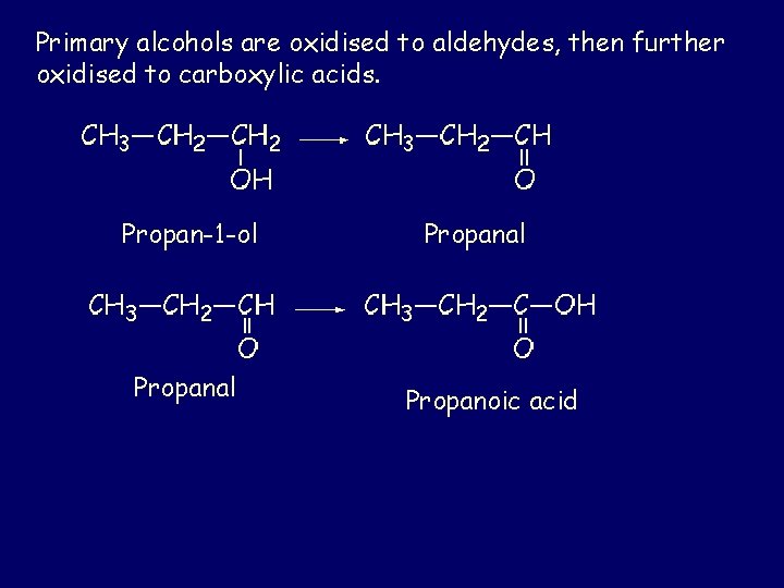 Primary alcohols are oxidised to aldehydes, then further oxidised to carboxylic acids. Propan-1 -ol