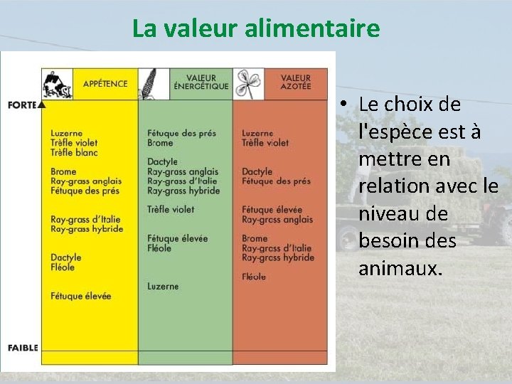 La valeur alimentaire • Le choix de l'espèce est à mettre en relation avec