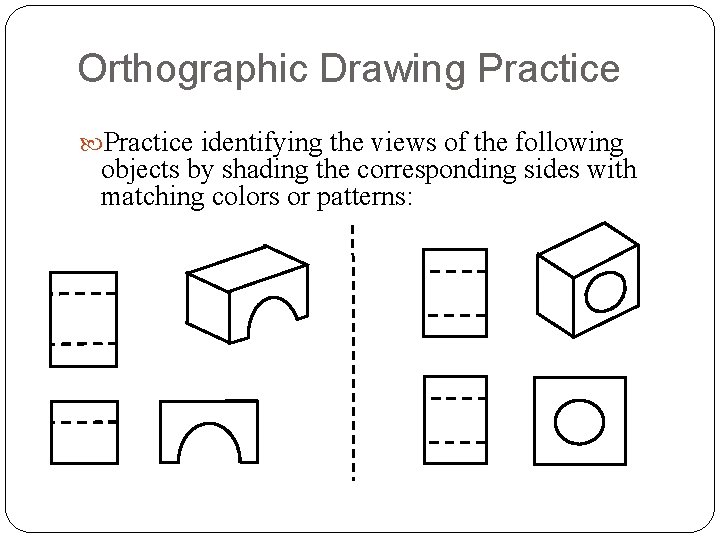 Orthographic Drawing Practice identifying the views of the following objects by shading the corresponding