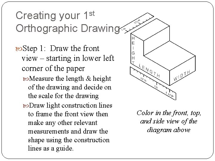 Creating your 1 st Orthographic Drawing Step 1: Draw the front view – starting