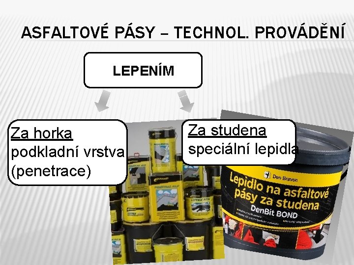 ASFALTOVÉ PÁSY – TECHNOL. PROVÁDĚNÍ LEPENÍM Za horka podkladní vrstva (penetrace) Za studena speciální