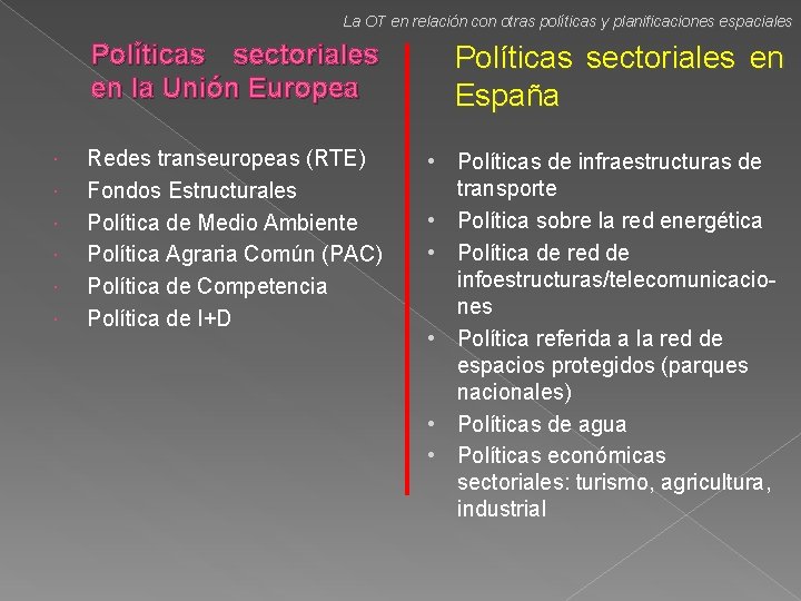 La OT en relación con otras políticas y planificaciones espaciales Políticas sectoriales en la