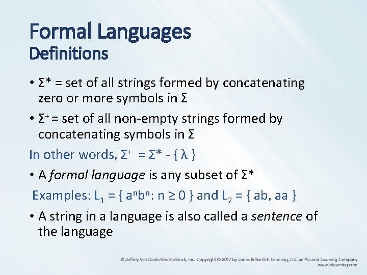 Formal Languages Definitions • Σ* = set of all strings formed by concatenating zero Formal Languages Definitions • Σ* = set of all strings formed by concatenating zero