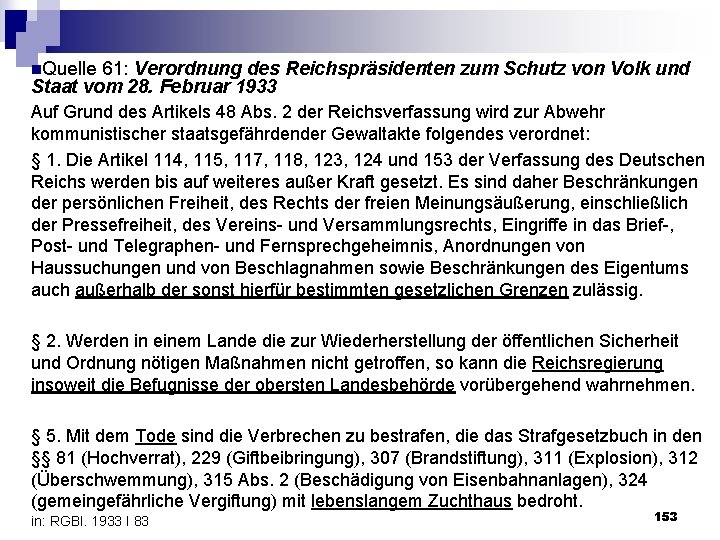 n. Quelle 61: Verordnung des Reichspräsidenten zum Schutz von Volk und Staat vom 28.
